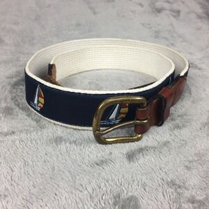 Canvas Leather Belt Men 38 Sailboats Brass Buckle USA‎